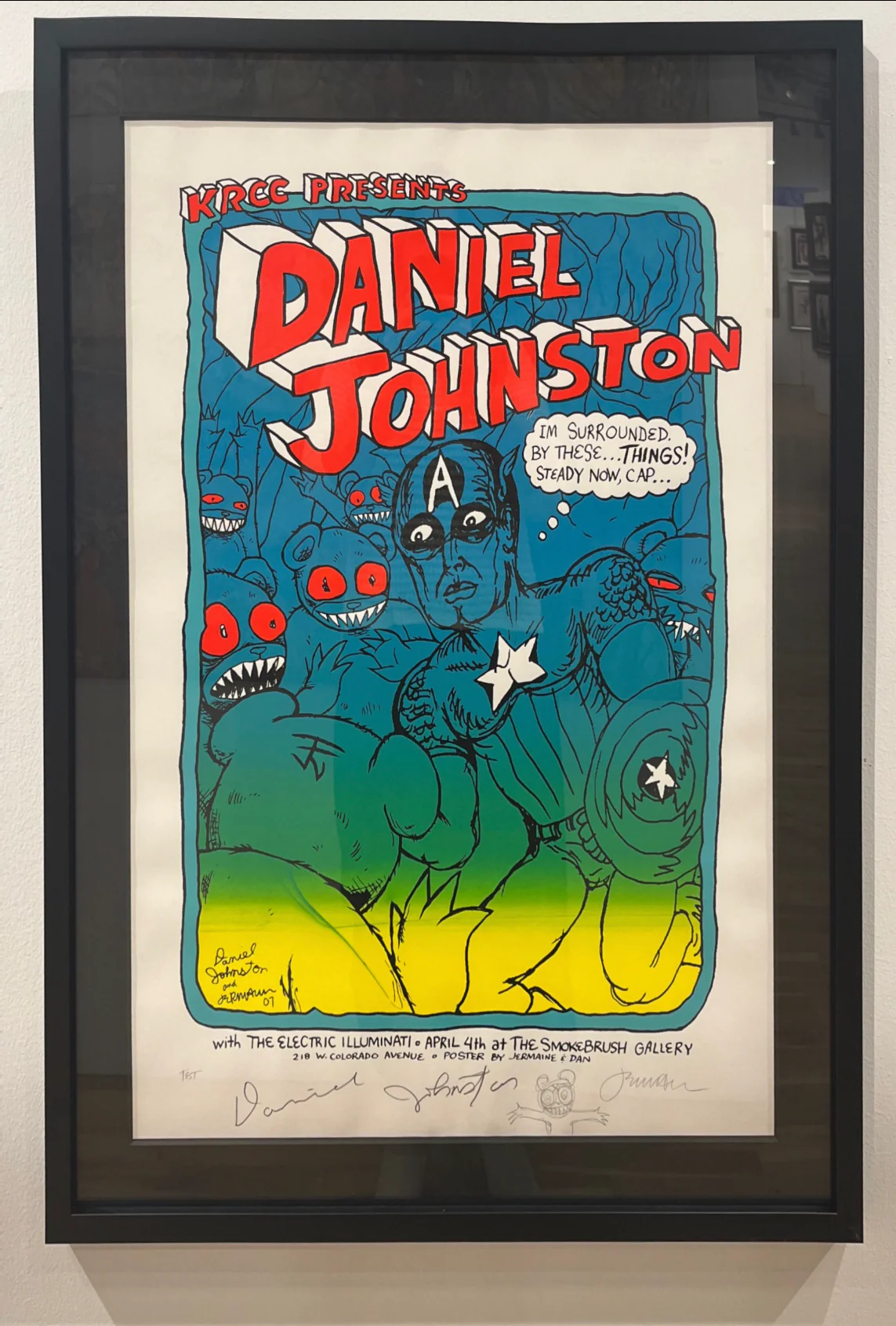 Daniel Johnston - Colorado Springs - 4.4.07 - Blue & Green ink TEST, Signed by Jermaine & Johnston - FRAMED - Image 2